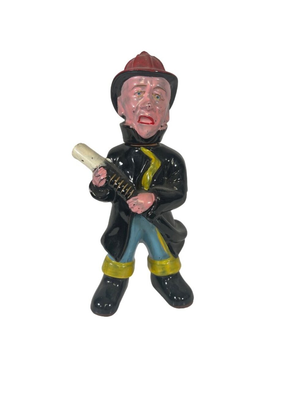 Hand Painted Vintage Fireman Decanter With Cork Head Stopper Ceramic Black